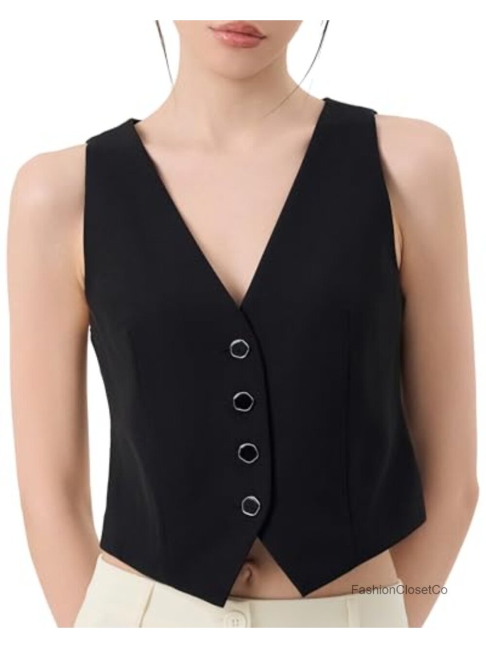 Womens Cropped Vest Top V Neck Sleeveless Button Business Casual Slim Fit